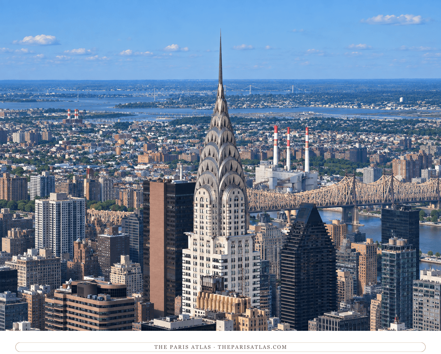 Chrysler Building crown and spire in clear daylight, with the Queensboro Bridge and East River beyond