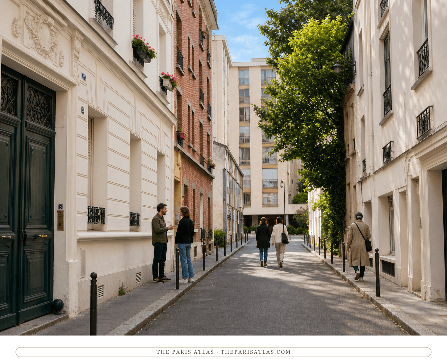 Bright present-day color view of Cité Falguière and a surviving red-brick studio