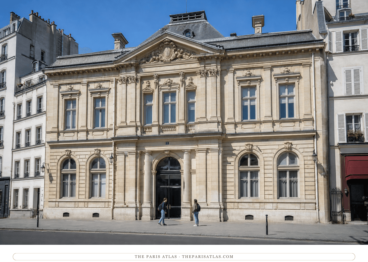Colour photorealistic view of the historic Paris Conservatoire beneath a bright blue sky