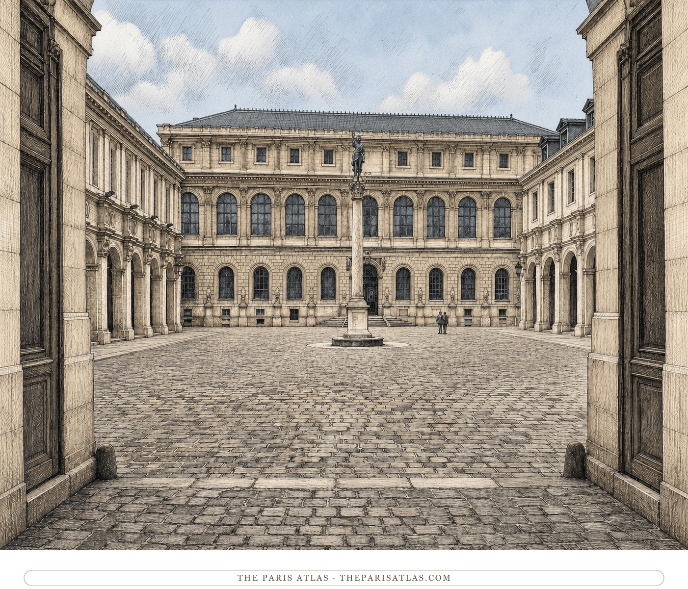 Colour illustration of the Cour Bonaparte at the École des Beaux-Arts in Paris
