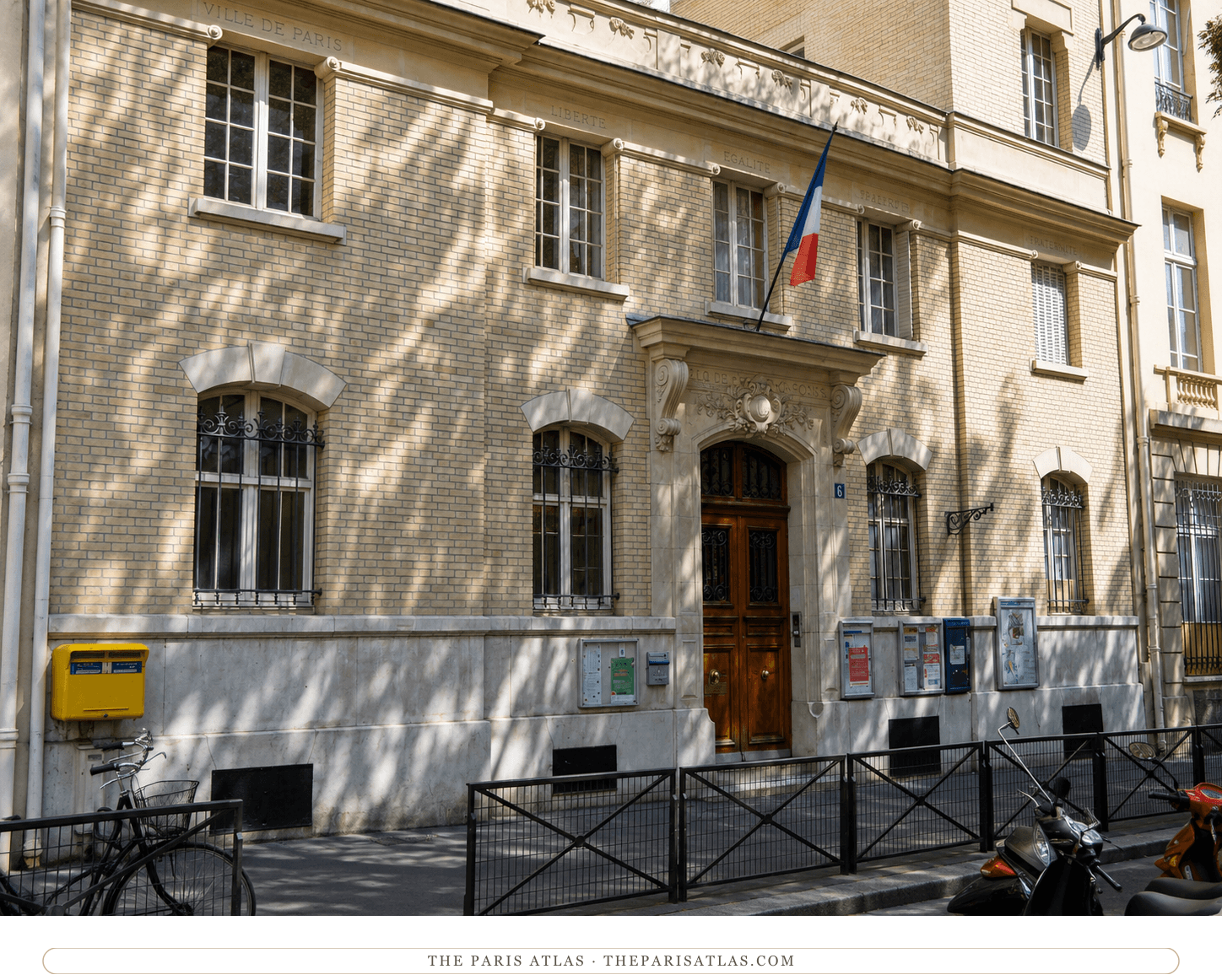 The school at 6 rue de Louvois today, pale brick and stone with the tricolore over its doorway
