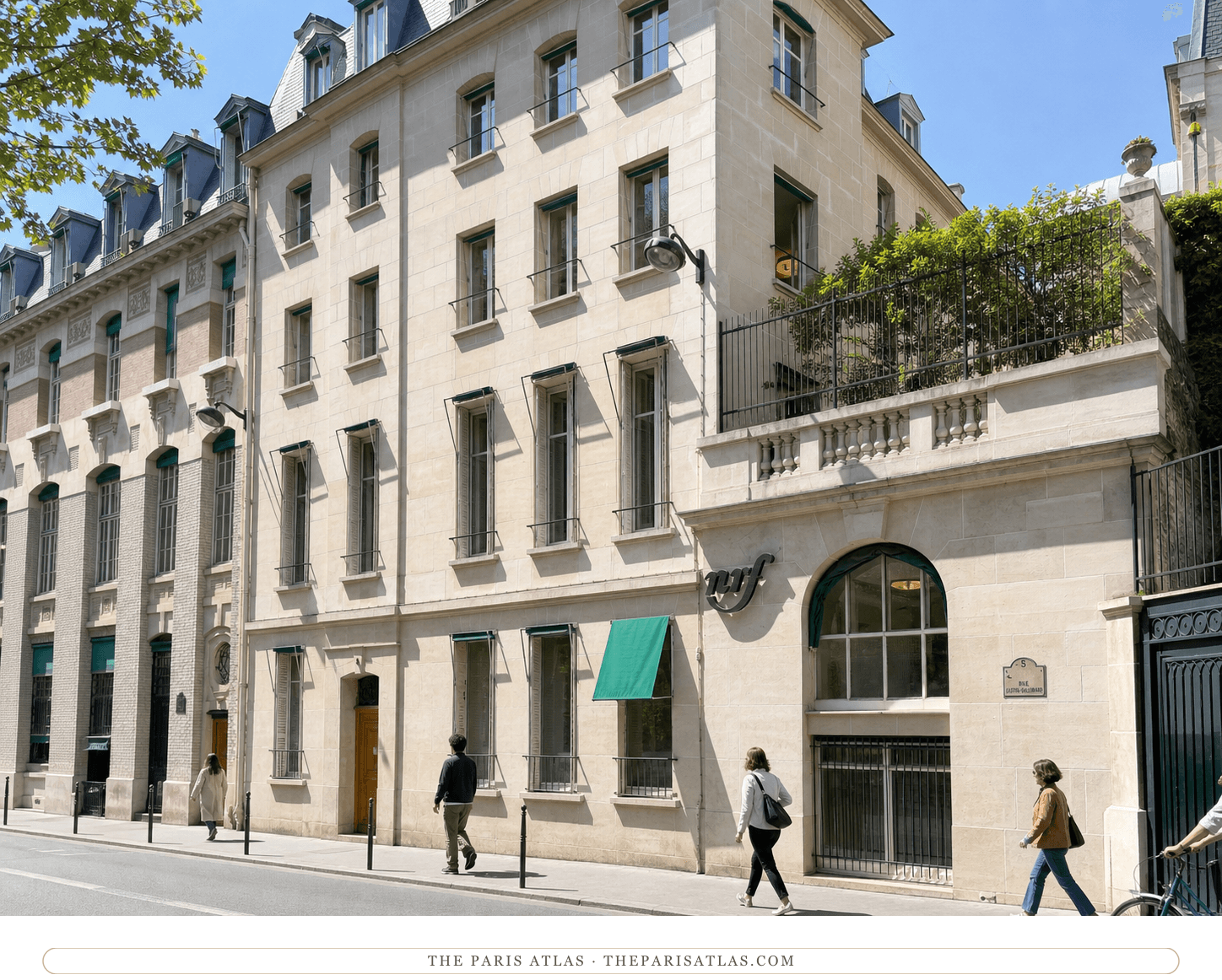 Pedestrians passing the sunlit pale-stone Éditions Gallimard headquarters