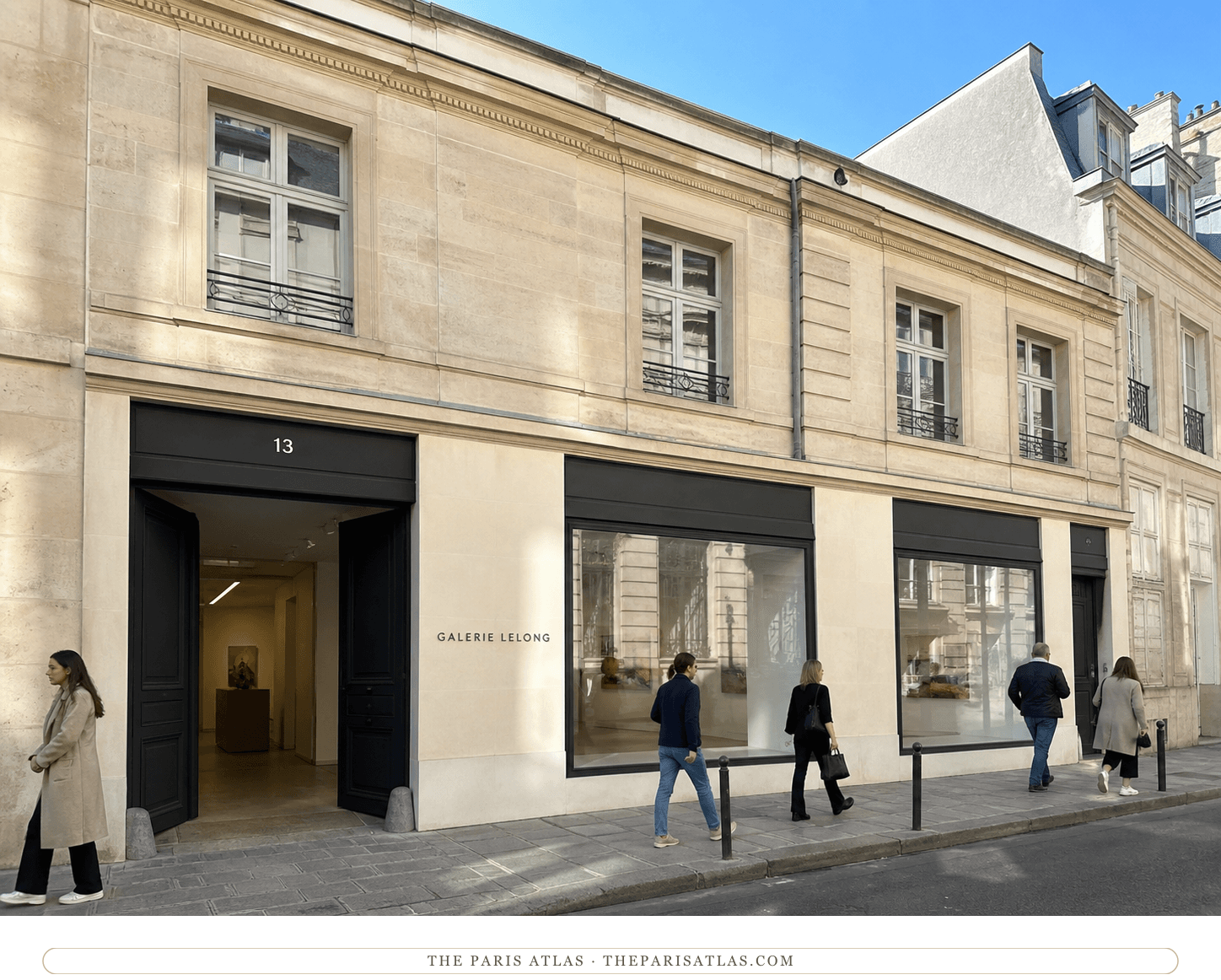 Bright present-day view of the pale stone Galerie Lelong façade at number 13