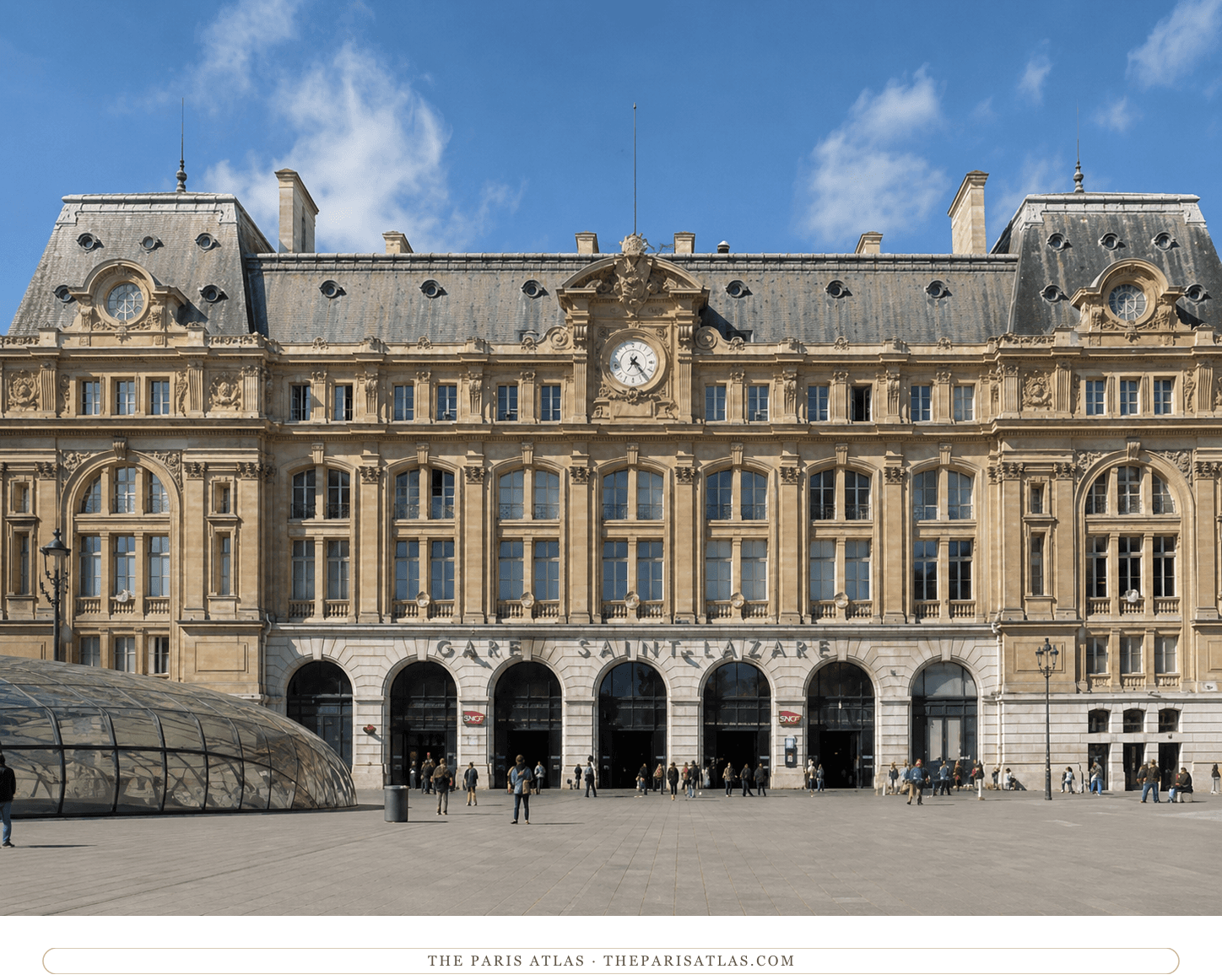 The Gare Saint-Lazare in color — the stone front and forecourt in daylight