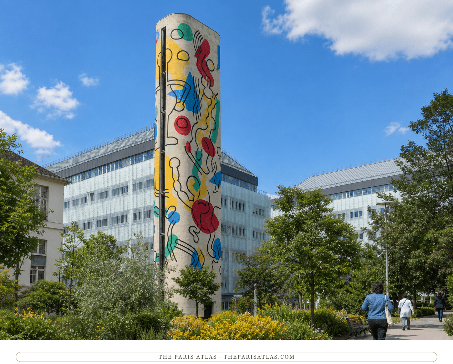 Color view of the mural tower among the modern hospital wings and landscaped garden