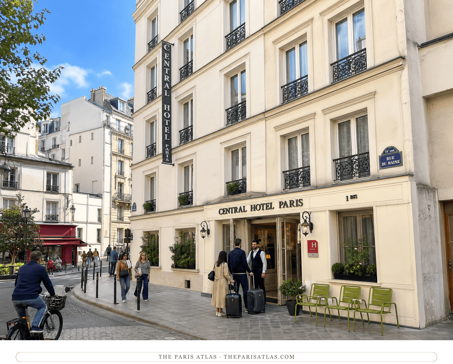 Bright present-day color view of Central Hotel Paris on rue du Maine