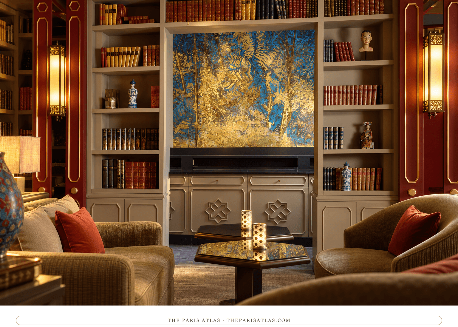 Photorealistic illustration of Hôtel de Montesquieu’s library lounge, with taupe bookcases, red-and-gold panels and olive chairs.