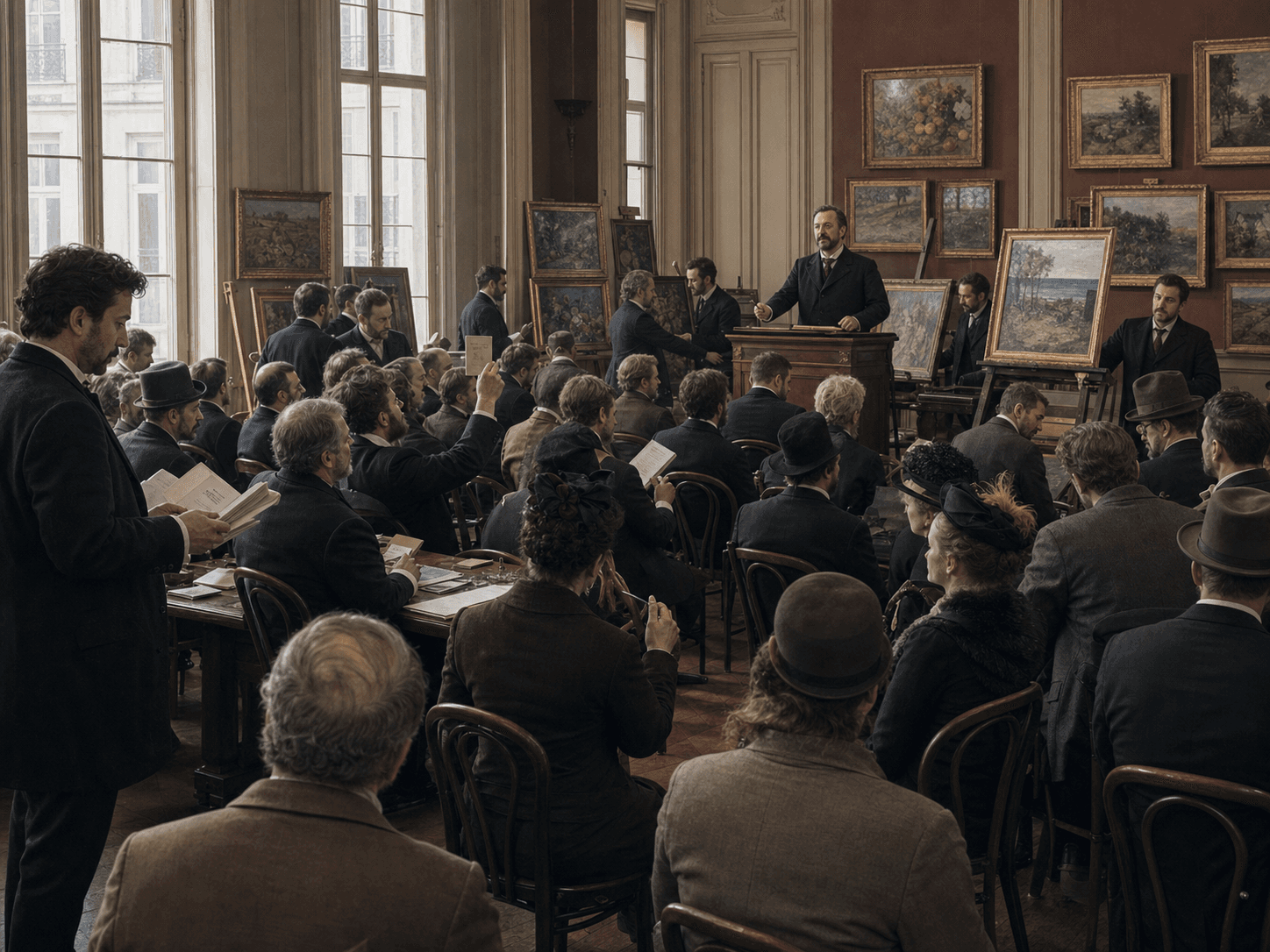An auctioneer addresses a crowded 1891 Paris sale room where framed paintings are displayed around Paul Gauguin and prospective bidders.