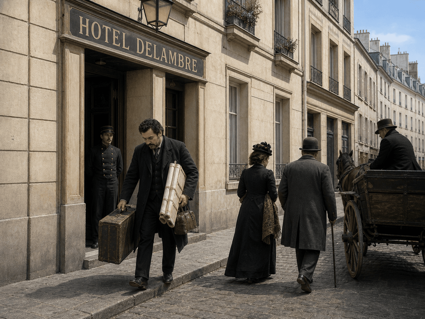Paul Gauguin carries a trunk and rolled canvases away from the Hôtel Delambre entrance on a clear 1891 Paris morning.