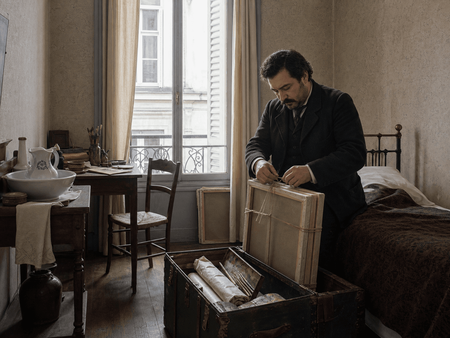 Paul Gauguin packs canvases beside a travel trunk in a modest 1891 Paris hotel room lit by a tall window.