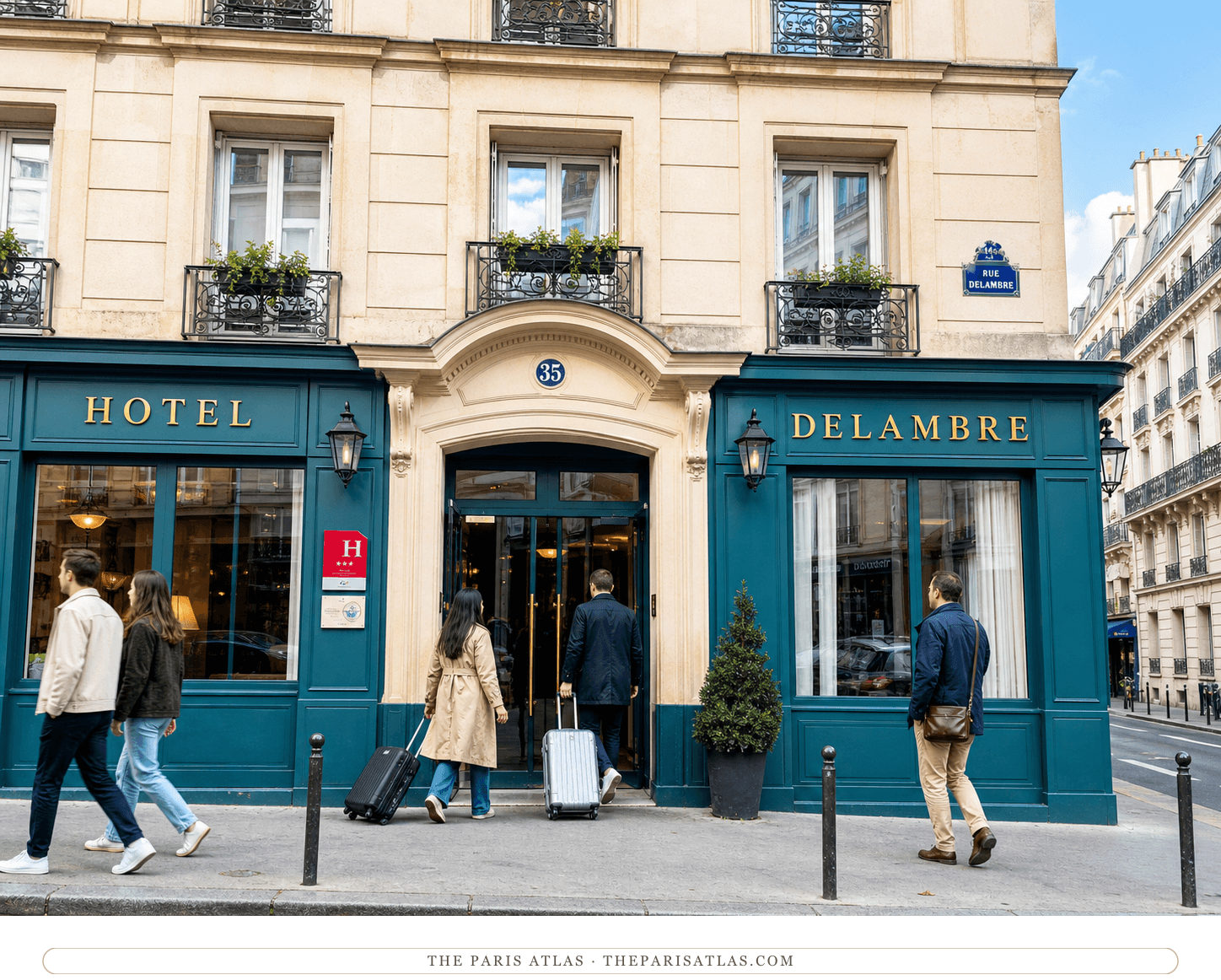 Bright color view of the teal and gold Hotel Delambre frontage in Montparnasse