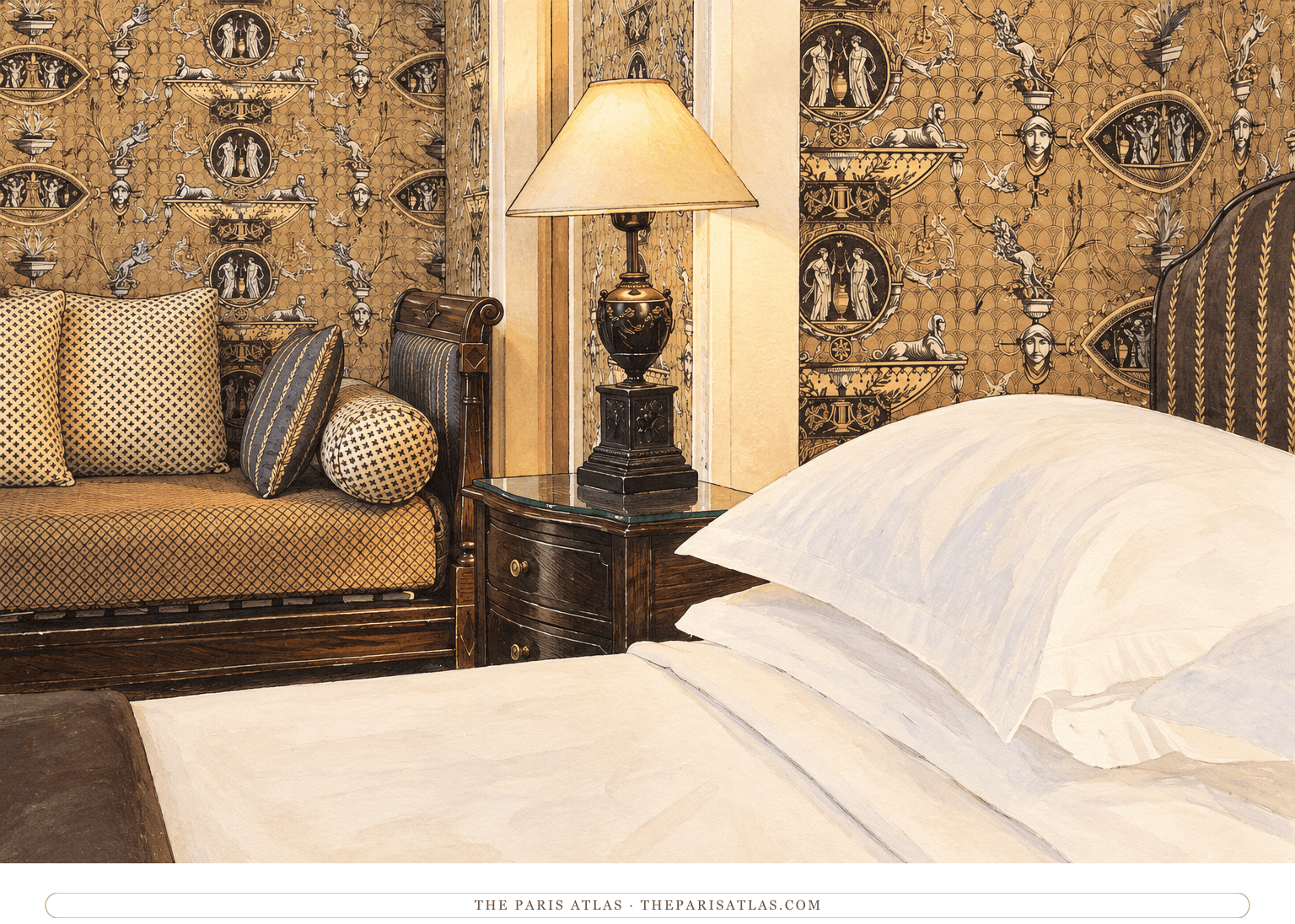 Reference-based illustration. Deluxe Panthéon room at Hôtel des Grands Hommes.