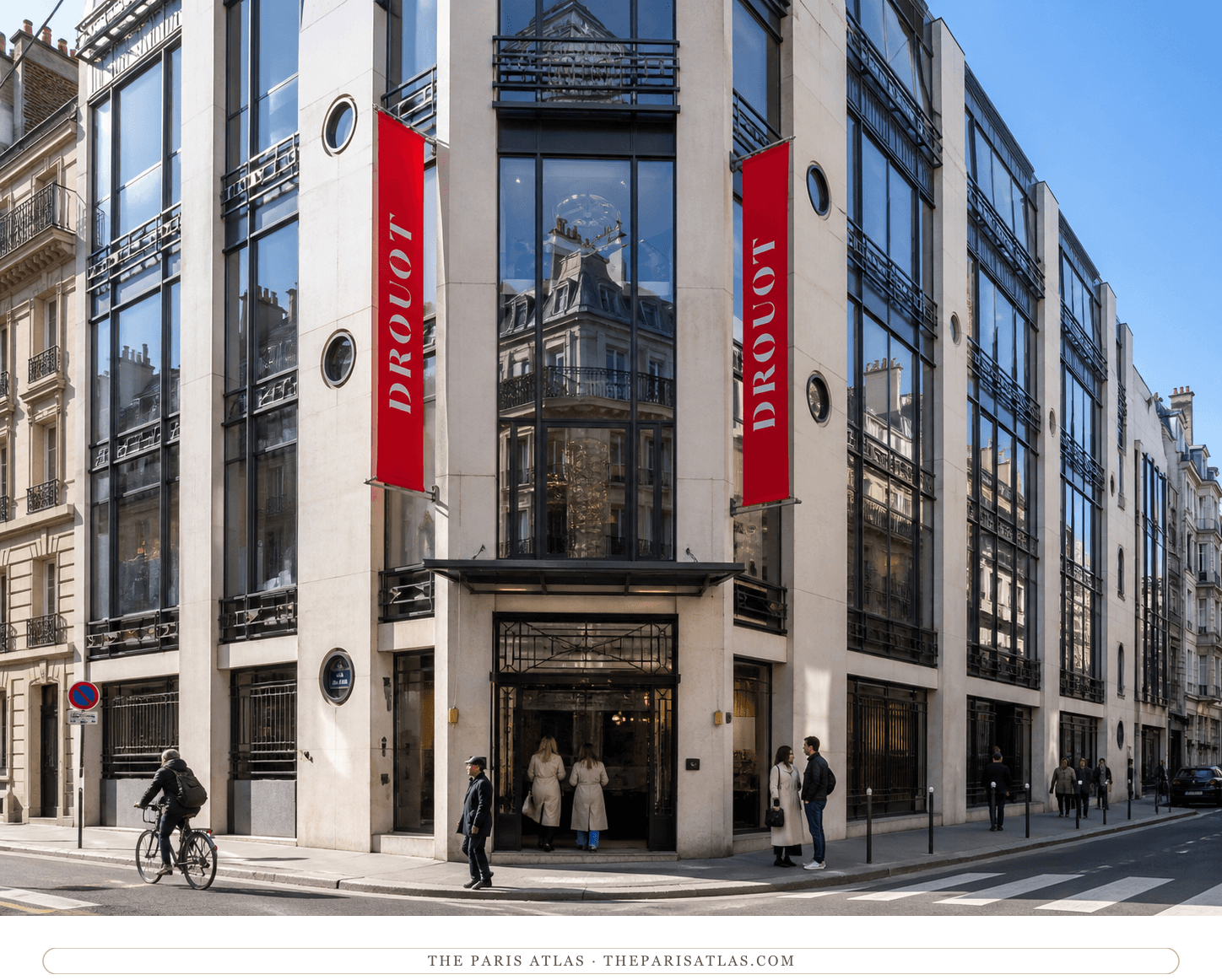 Present-day color view of the Hôtel Drouot façade beneath a clear blue sky