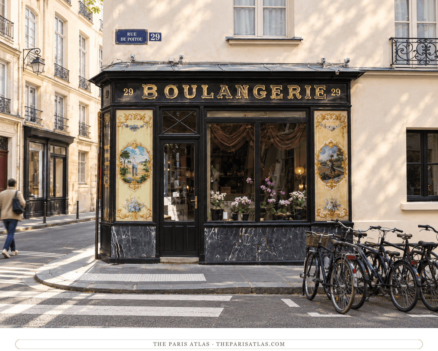 The preserved bakery storefront at Hôtel du Petit Moulin — illustration.