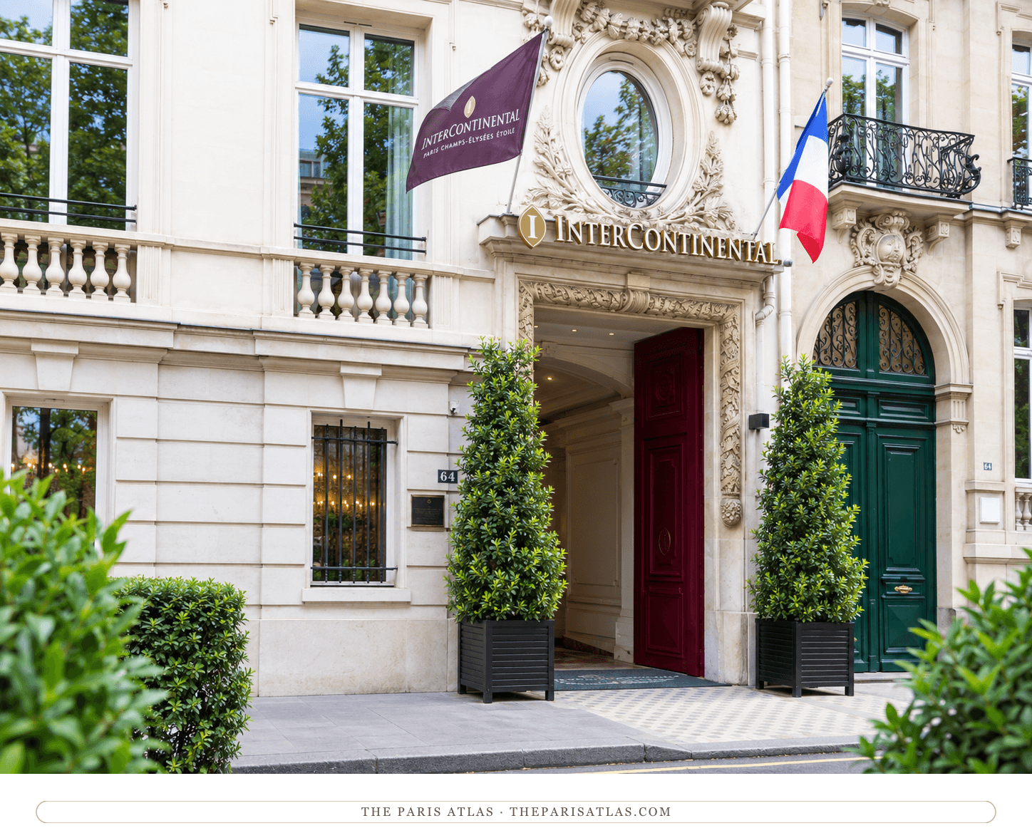 Photorealistic illustration of the InterContinental entrance on avenue Marceau, with carved cream stone, an oval window, flags and tall planters.