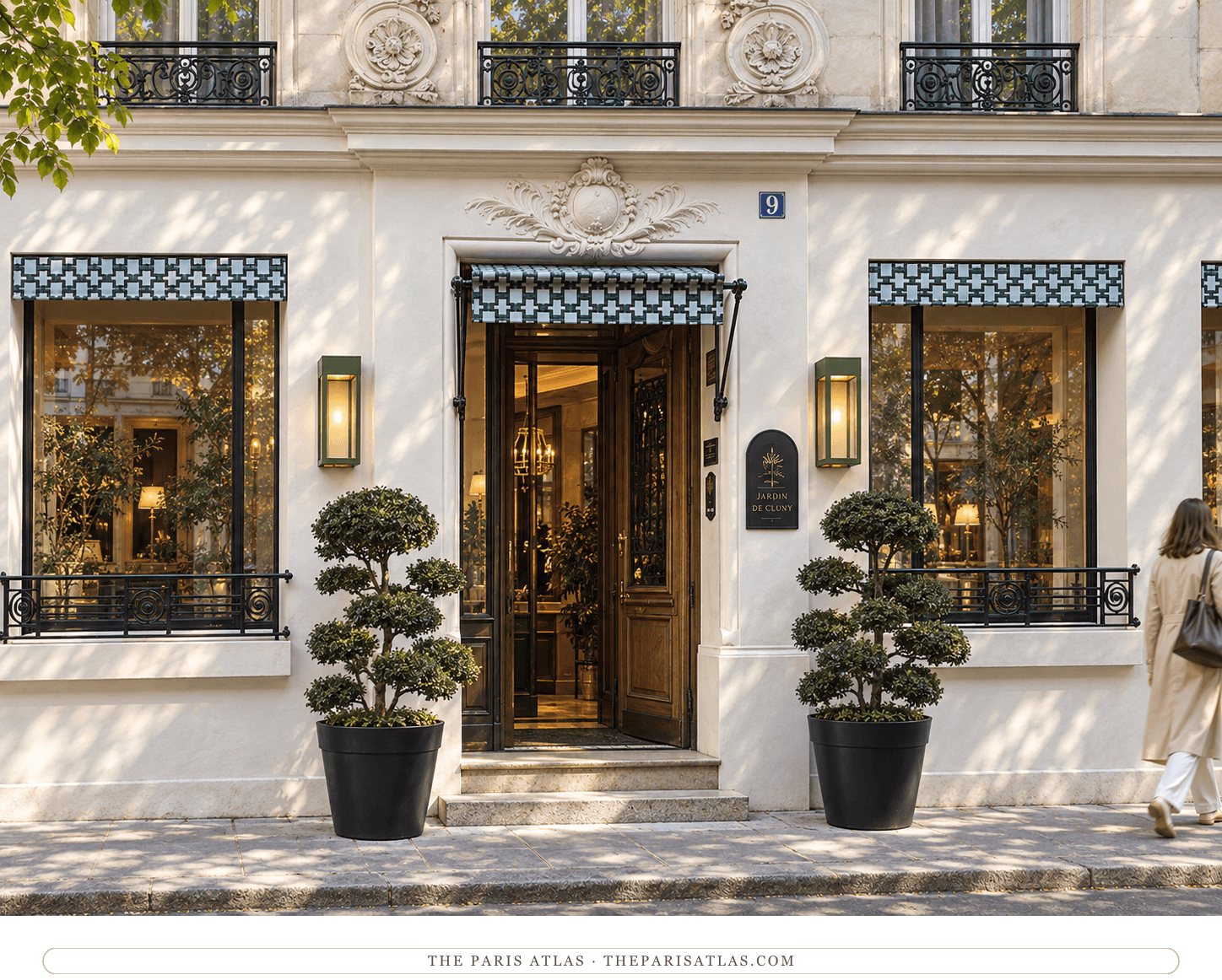 Reference-based illustration. Present-day entrance of Hôtel Jardin de Cluny at 9 rue du Sommerard.