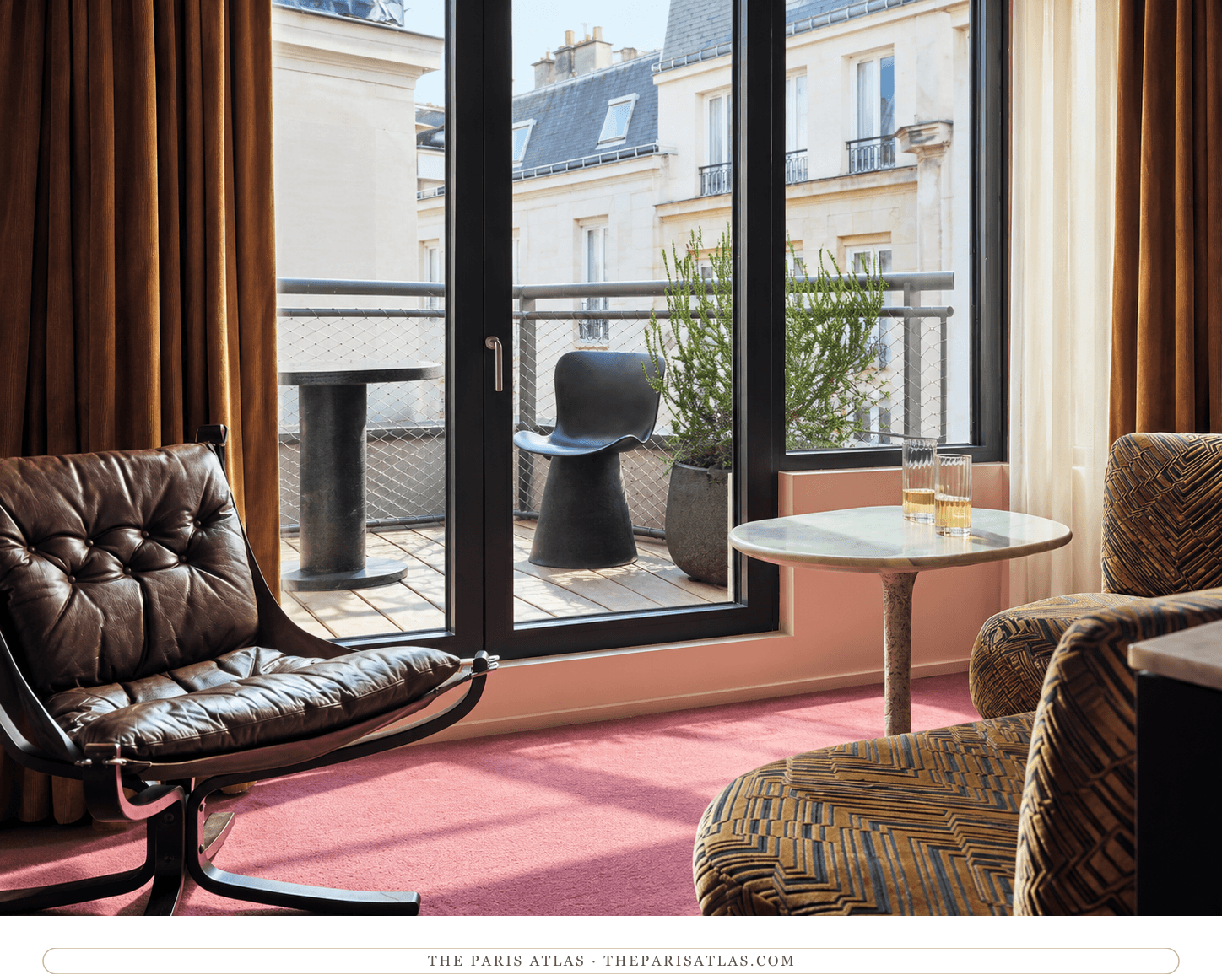 Illustration of a Bus Palladium sitting area with pink carpet, a leather chair, patterned seats and glazed doors opening to a balcony.