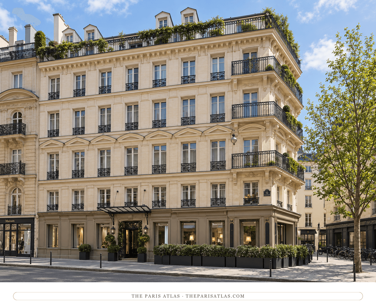 Illustration of Le Pavillon des Lettres’ cream stone corner façade, black iron balconies and canopied entrance.