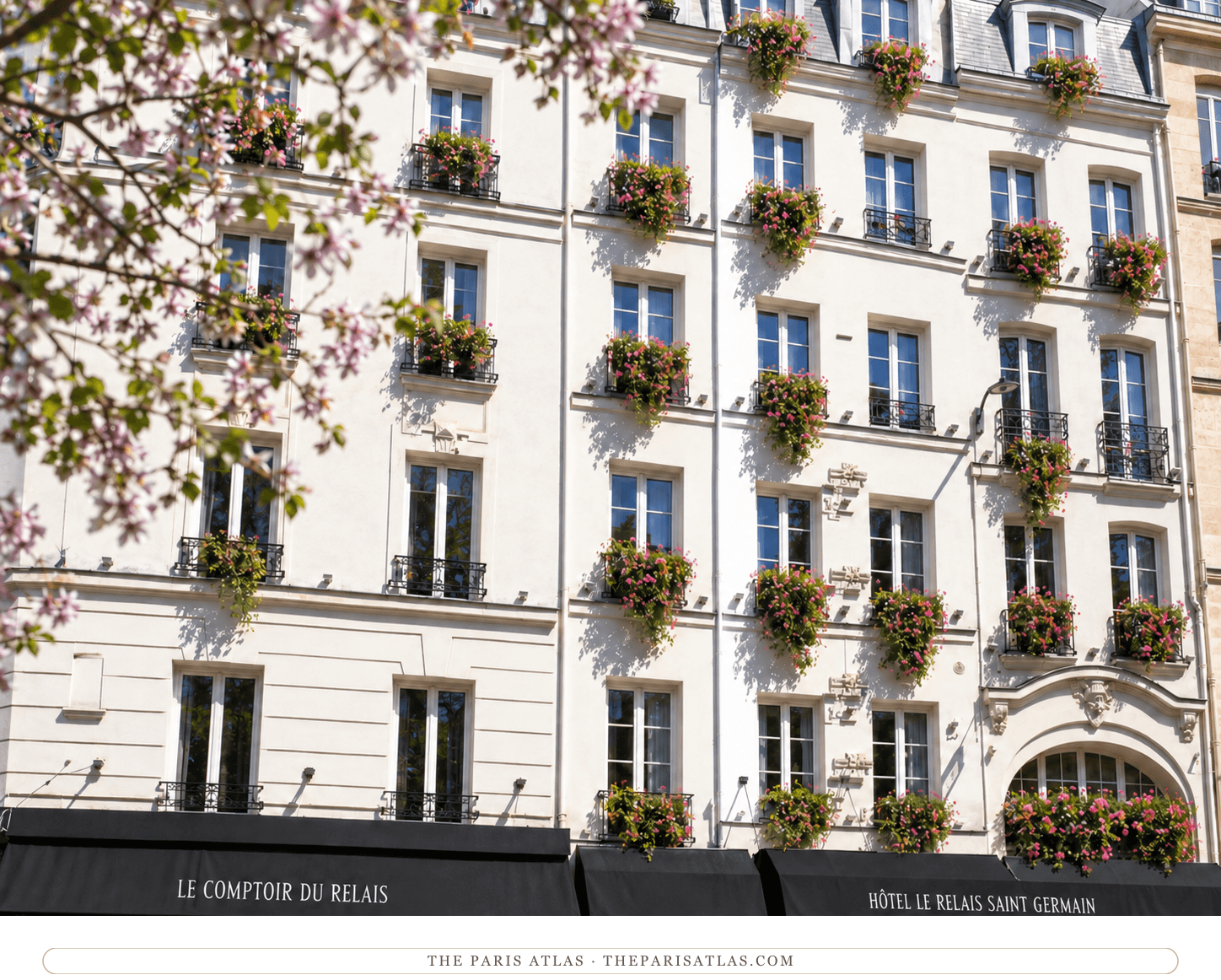 Illustration of Le Relais Saint-Germain’s white façade, flower-filled windows, black iron railings and dark awnings.
