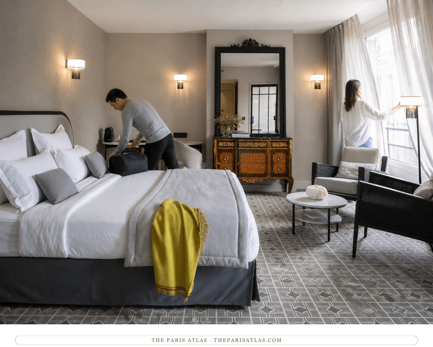 Invented guests in a present-day Hôtel Lenox Montparnasse room