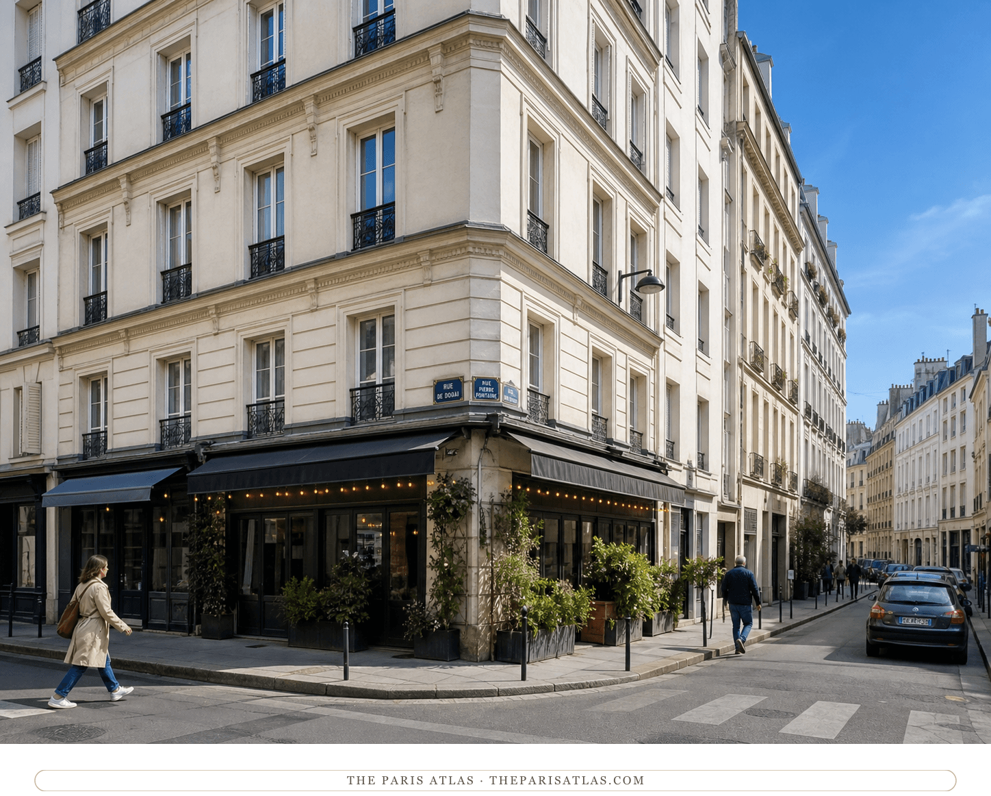 Color present-day view of the surviving building at 24 rue Pierre-Fontaine and rue de Douai under a clear blue sky