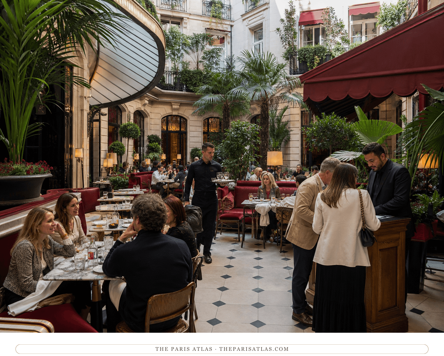 Editorial illustration of guests dining in the Hôtel Costes courtyard among red banquettes and palms.