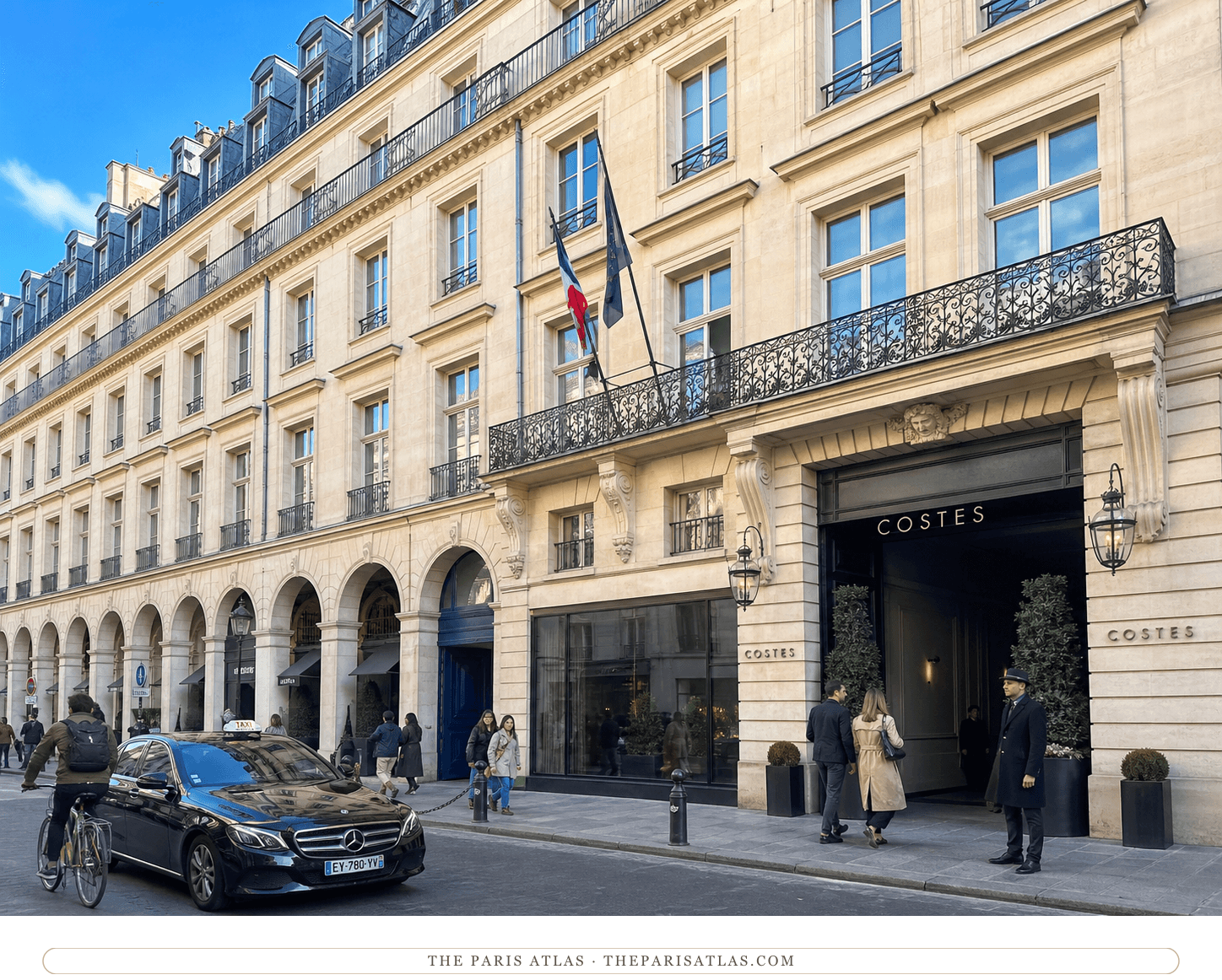 Editorial illustration of the Hôtel Costes entrance at the former Hôtel Lotti property on rue de Castiglione.