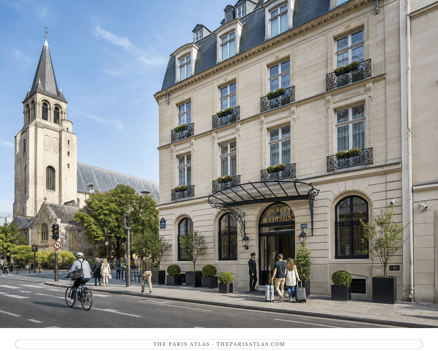 Present-day color view of Hôtel Madison and Saint-Germain-des-Prés church beneath a blue sky