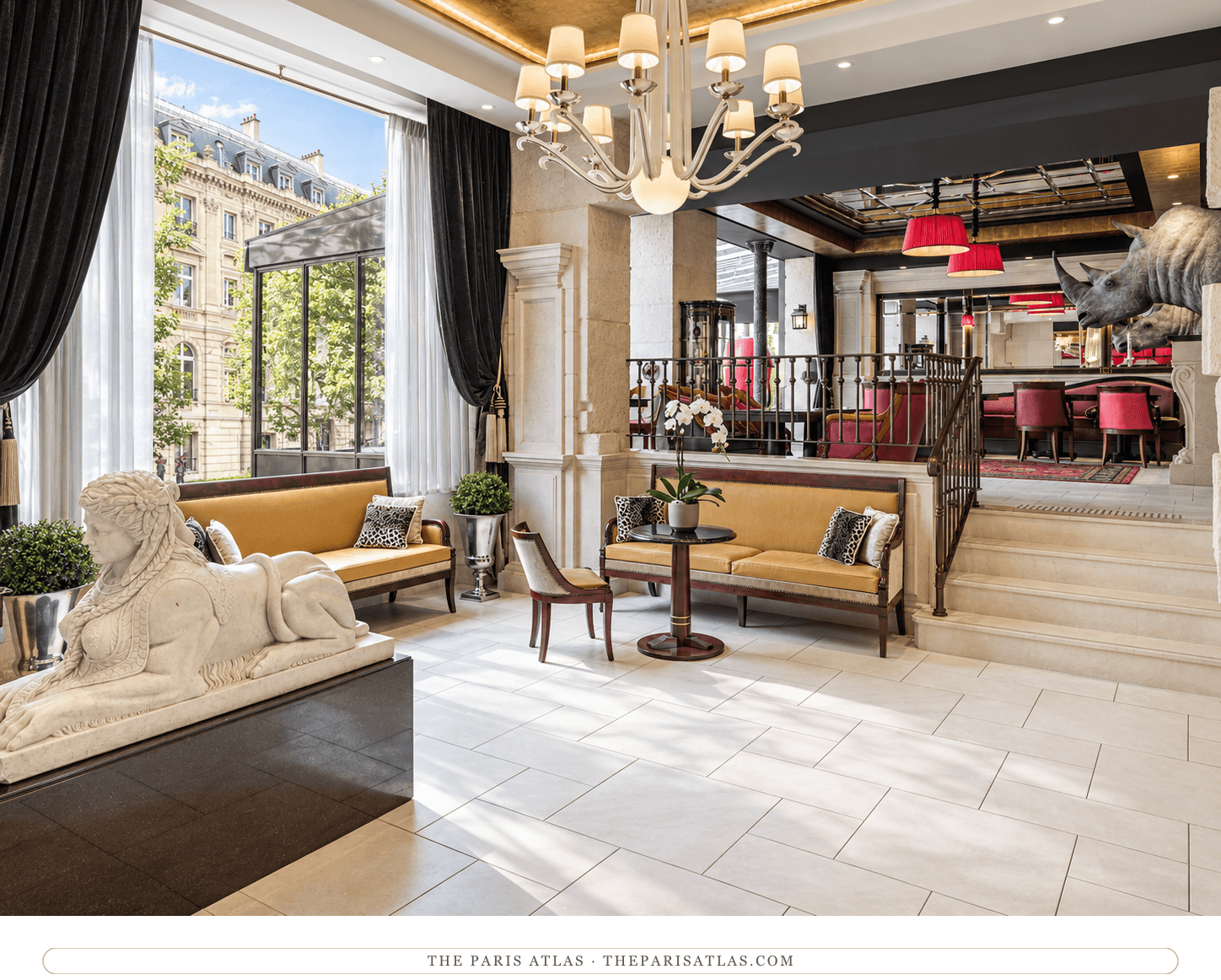 Photorealistic illustration of Maison Albar Le Champs-Elysées, with yellow sofas, a white chandelier, a sphinx sculpture and steps leading to a red-furnished bar.