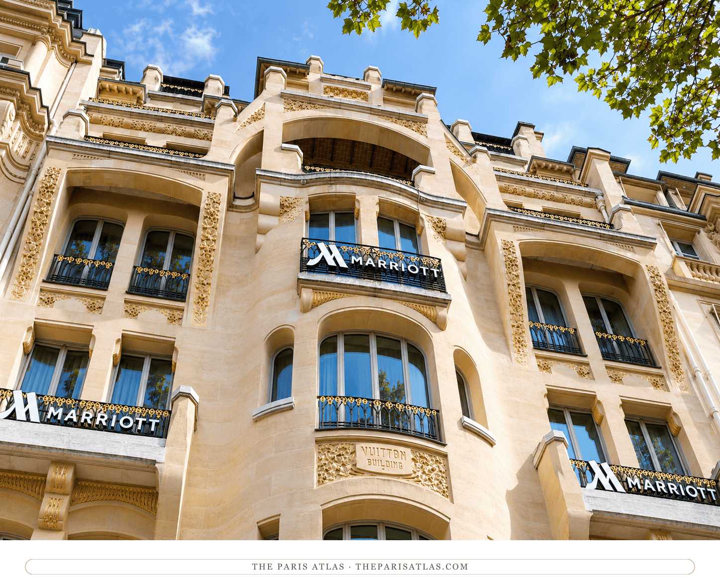 Illustration of the Marriott’s curved limestone facade, black-and-gold balcony rails and Vuitton Building inscription.