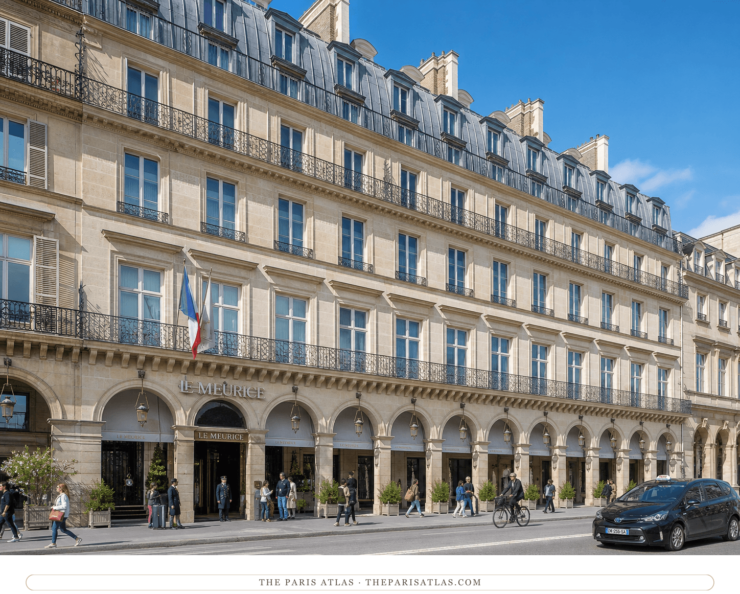 Bright present-day color view of Le Meurice and the rue de Rivoli arcades