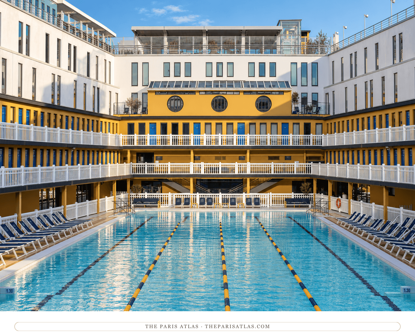 Illustration: The outdoor pool and blue cabin doors at Molitor.