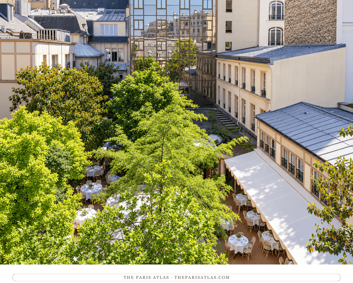 Illustration of a leafy hotel courtyard with outdoor dining tables, white awnings, cream buildings and a glass facade.