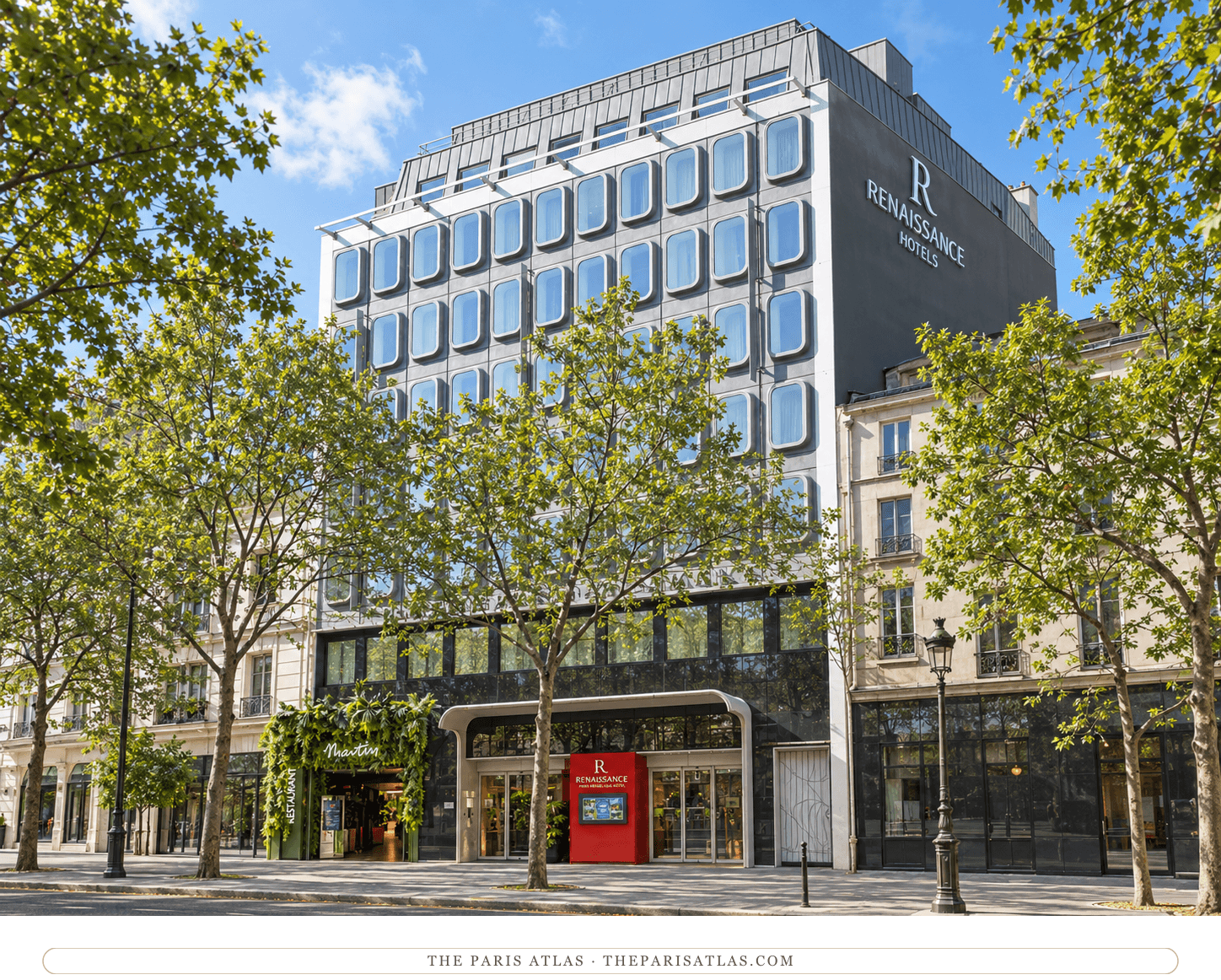 Illustration of a modern gray hotel with rounded projecting windows, a red entrance sign and trees along the sidewalk.