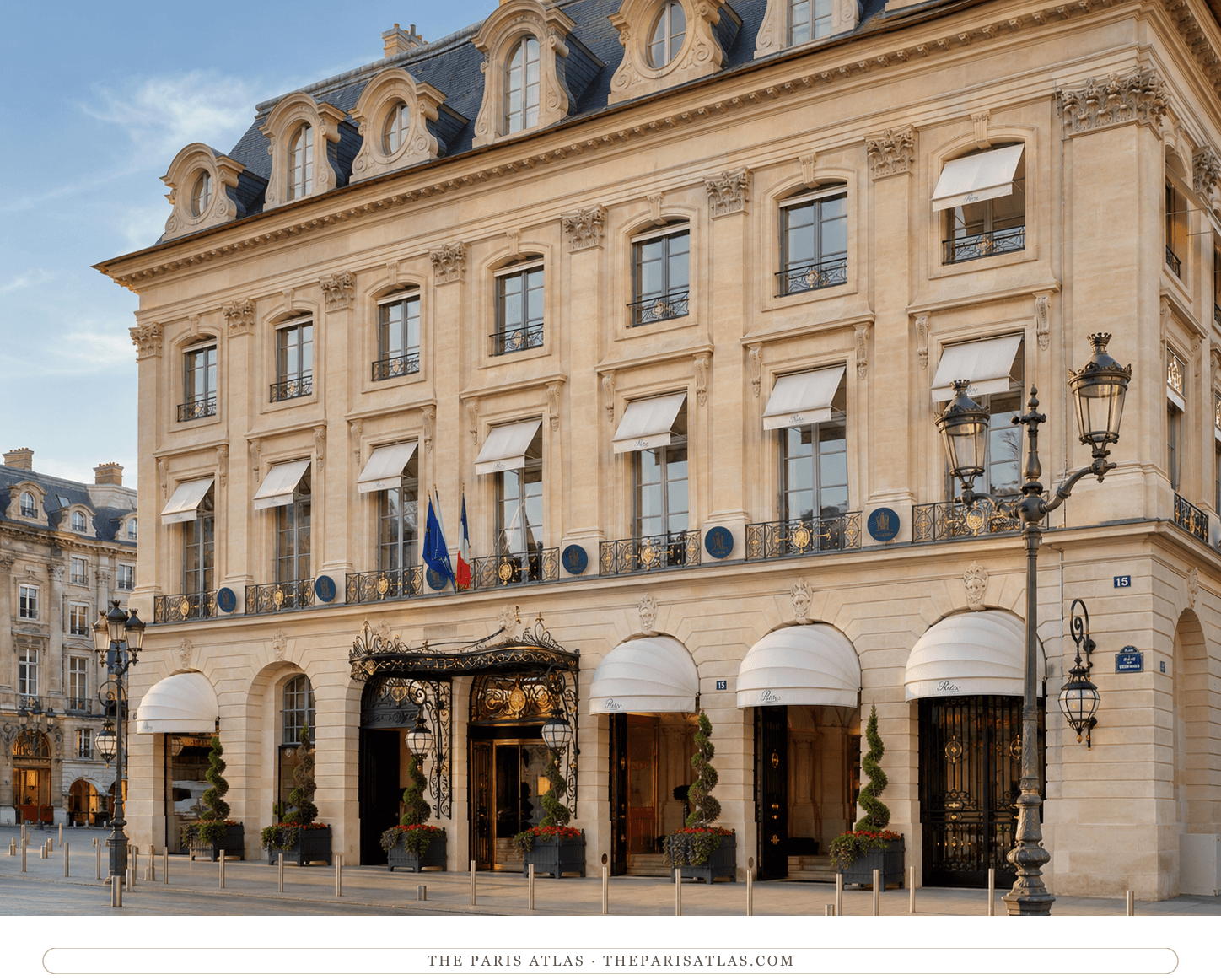The Hôtel Ritz façade in color in late golden light, white awnings and topiary along the Place Vendôme arcade