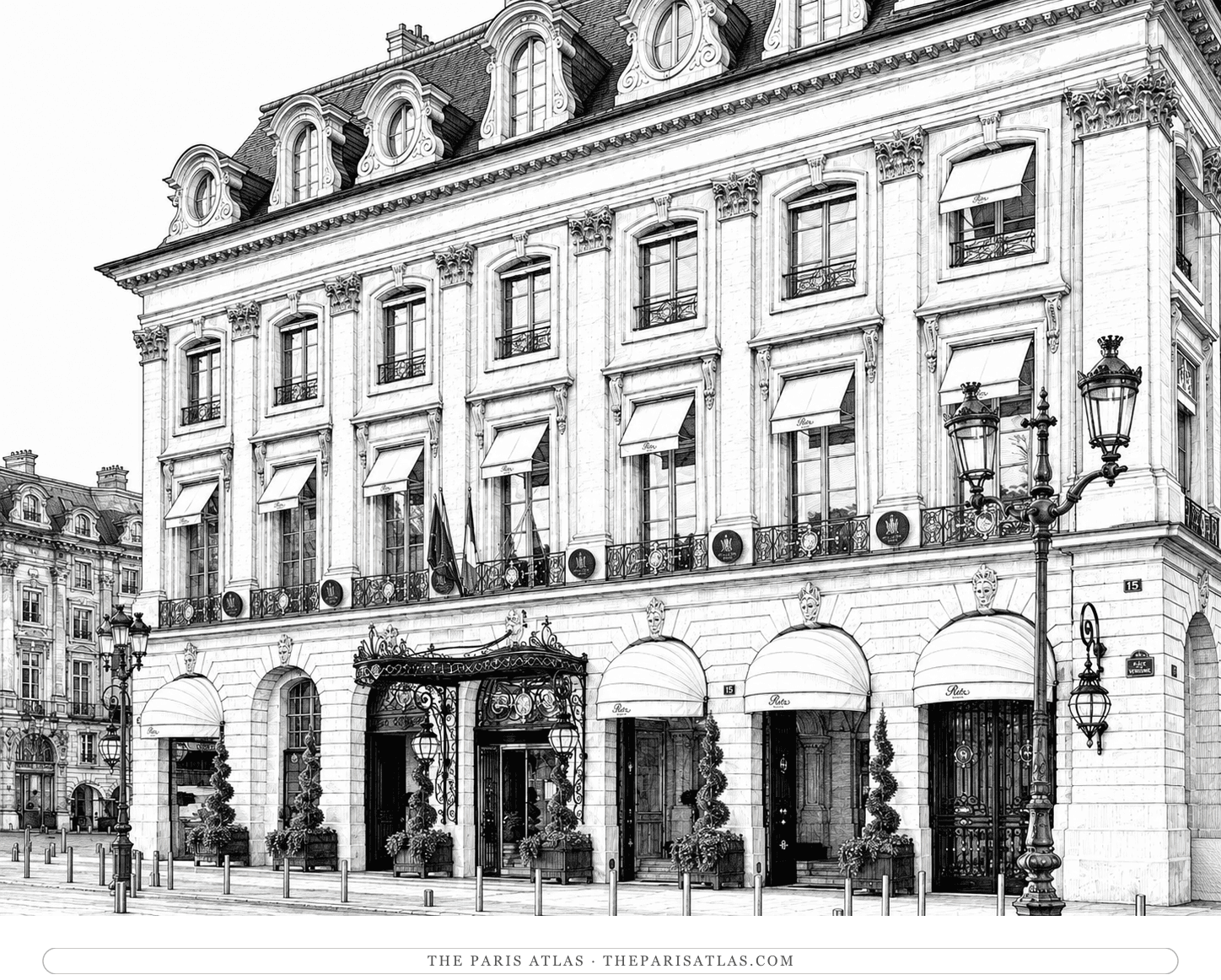 Pen-and-ink illustration of the Hôtel Ritz façade on the Place Vendôme, awnings over the arcade and the column beyond