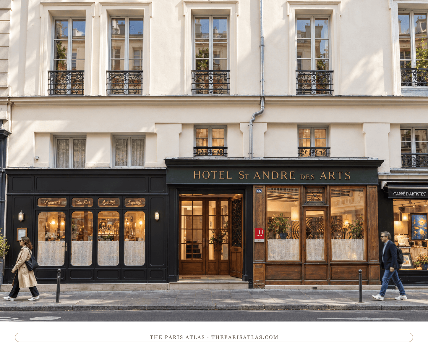 Reference-based illustration of the entrance of Hôtel Saint-André des Arts at 66 rue Saint-André des Arts.