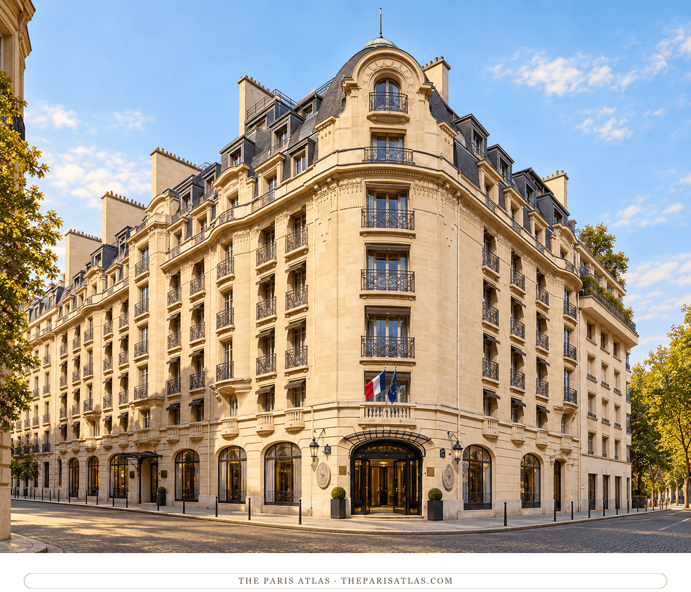 Illustration of Sofitel’s limestone corner facade, arched entrance and slate mansard roof.