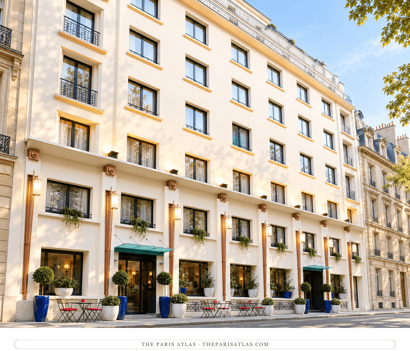 Illustration of Villa Marquis’s white facade, green entrance canopies and red sidewalk chairs.