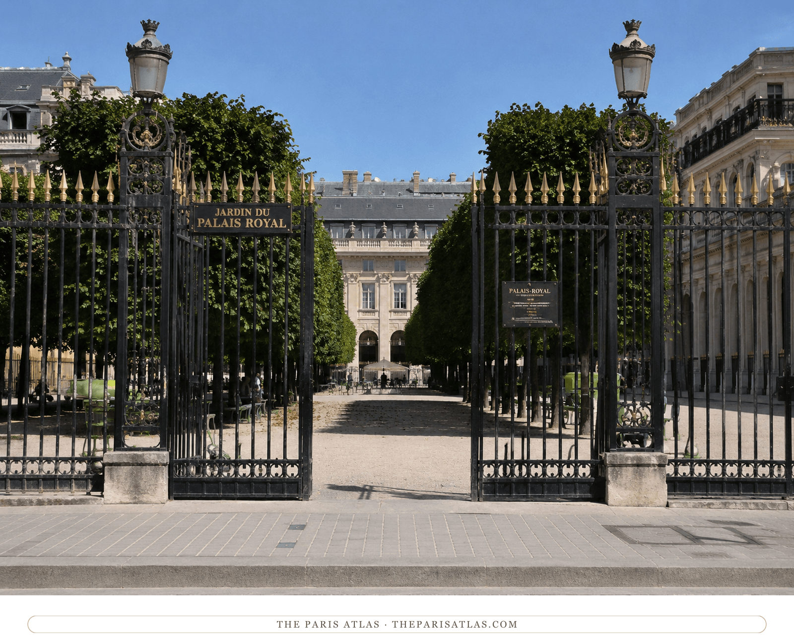 The Palais-Royal garden gates and colonnade in colour, clipped trees and gravel walks beyond
