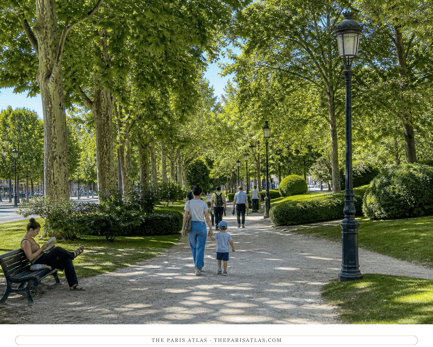 Families and walkers using a leafy path in the Jardins des Champs-Élysées under a blue sky