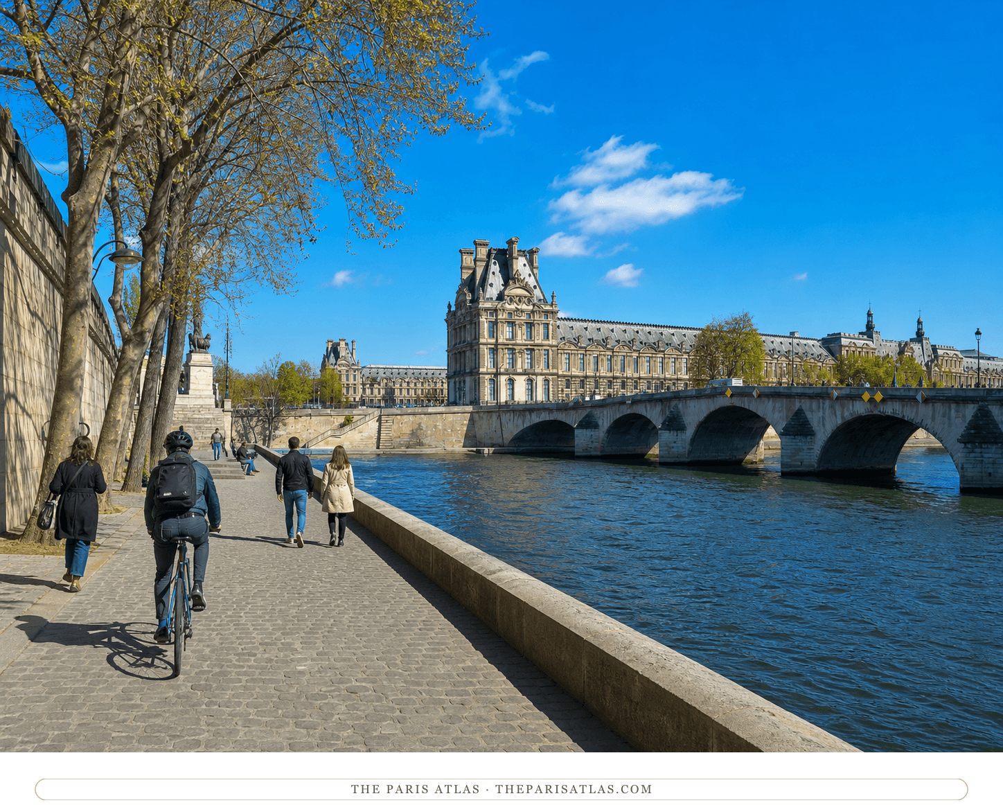 Bright present-day riverside walk on the quai des Tuileries near Pont Royal