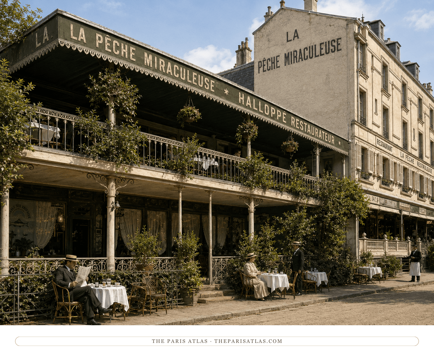 The restaurant's green-and-cream verandah in summer light, bay trees in tubs along the terrace and the restaurant's name lettered across the gable of the building behind