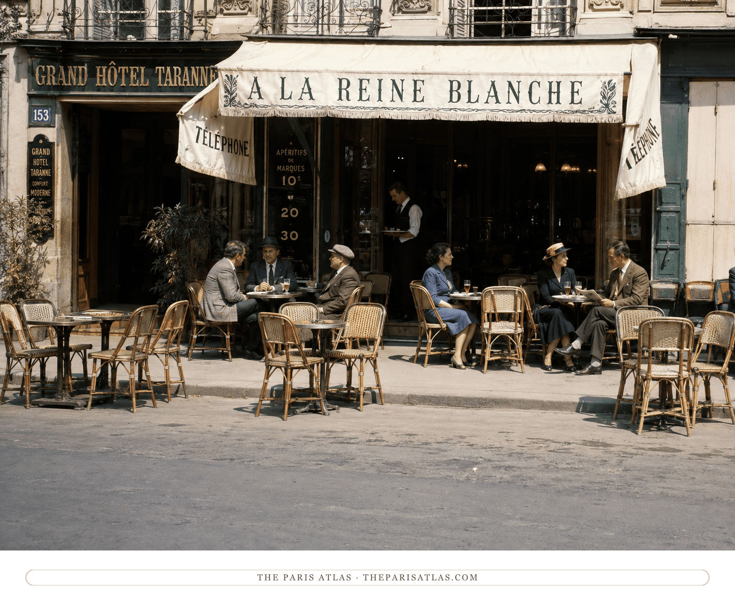 The same terrace in colour, the awning cream and green, glasses of beer on the tables in afternoon sun
