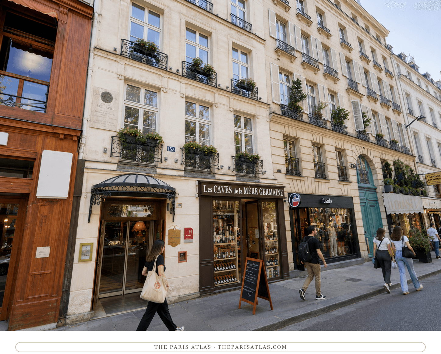 Editorial illustration of the present-day hotel entrance and neighbouring shops at 153 boulevard Saint-Germain.