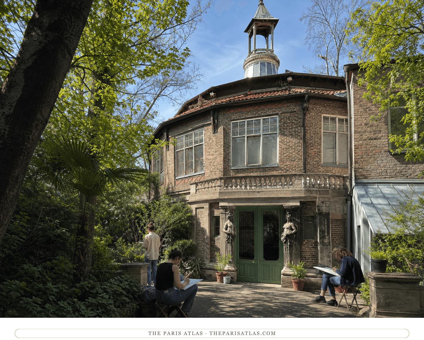 Bright present-day color view of La Ruche's brick rotunda, garden and roof lantern
