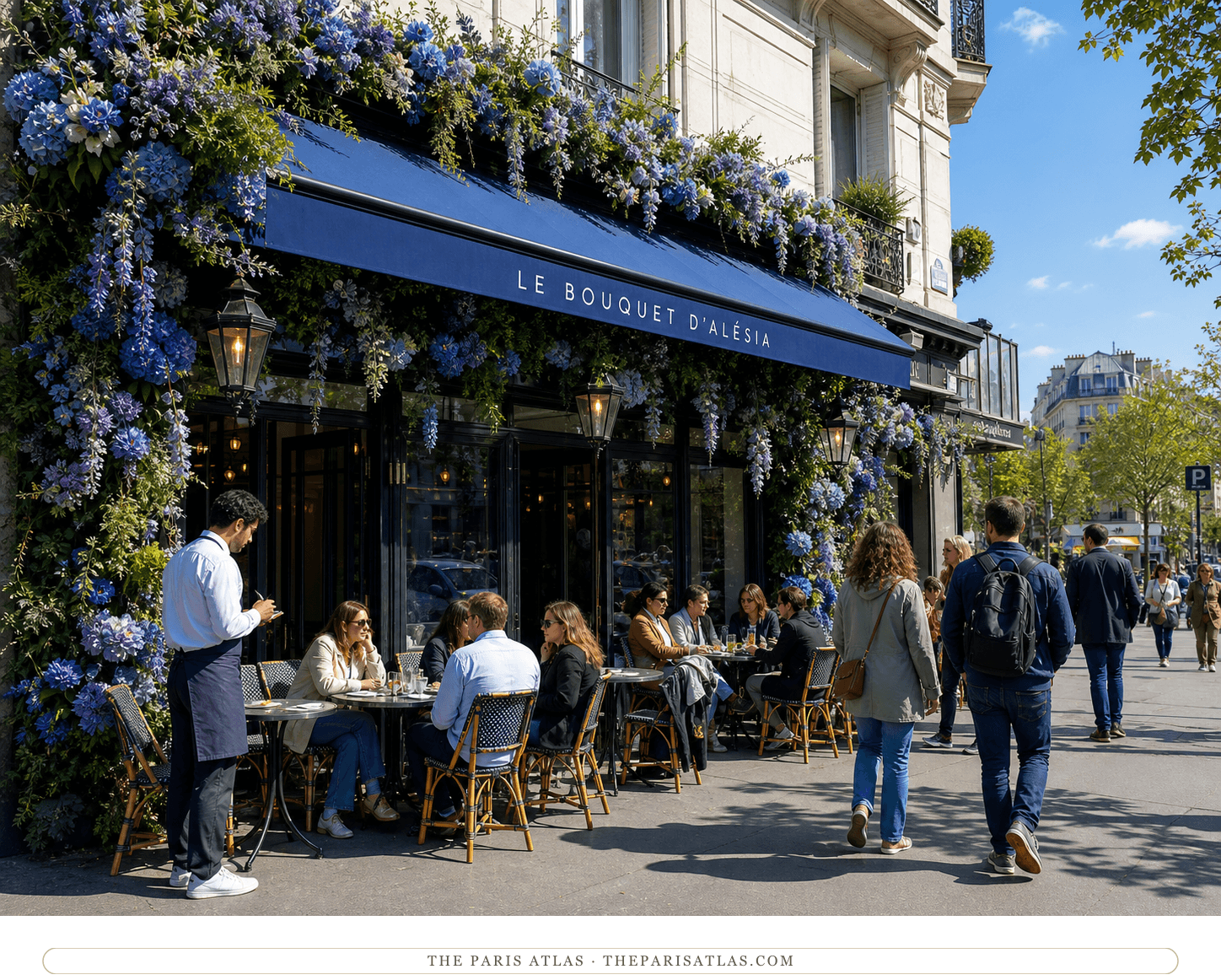 Bright present-day color view of Le Bouquet d'Alésia's blue awning and lively terrace