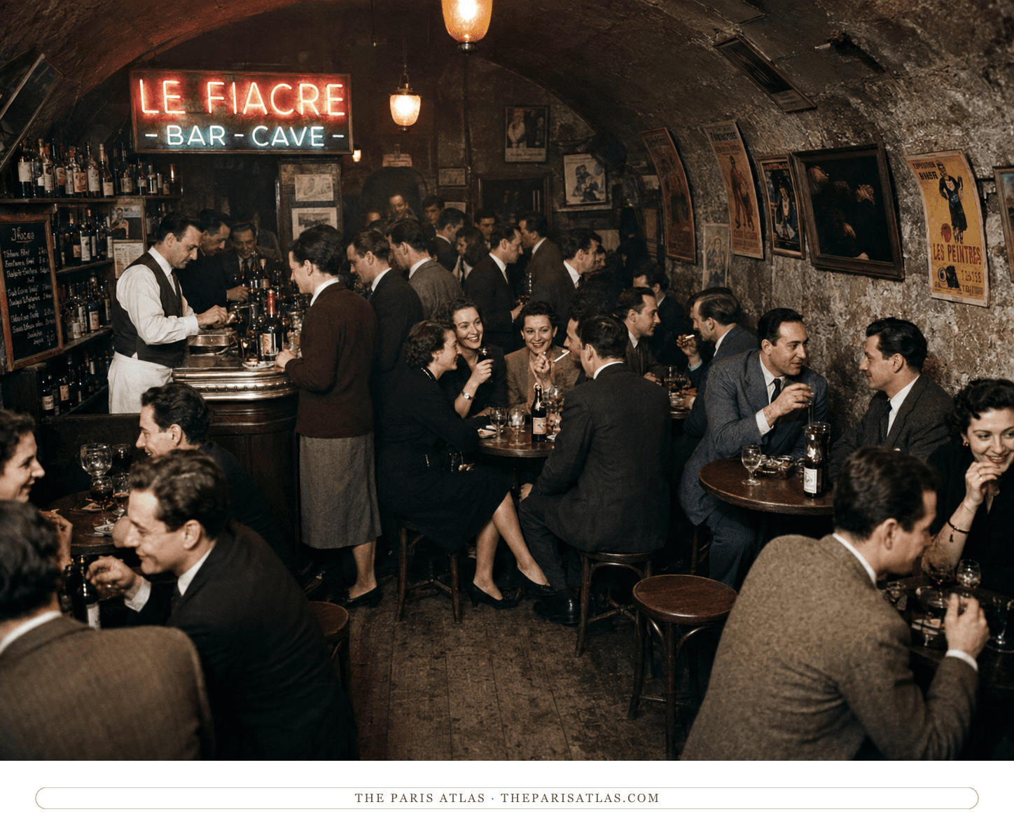The same cellar bar in colour, the neon sign red and green, lamplight on the stone vault and on wine glasses across the tables