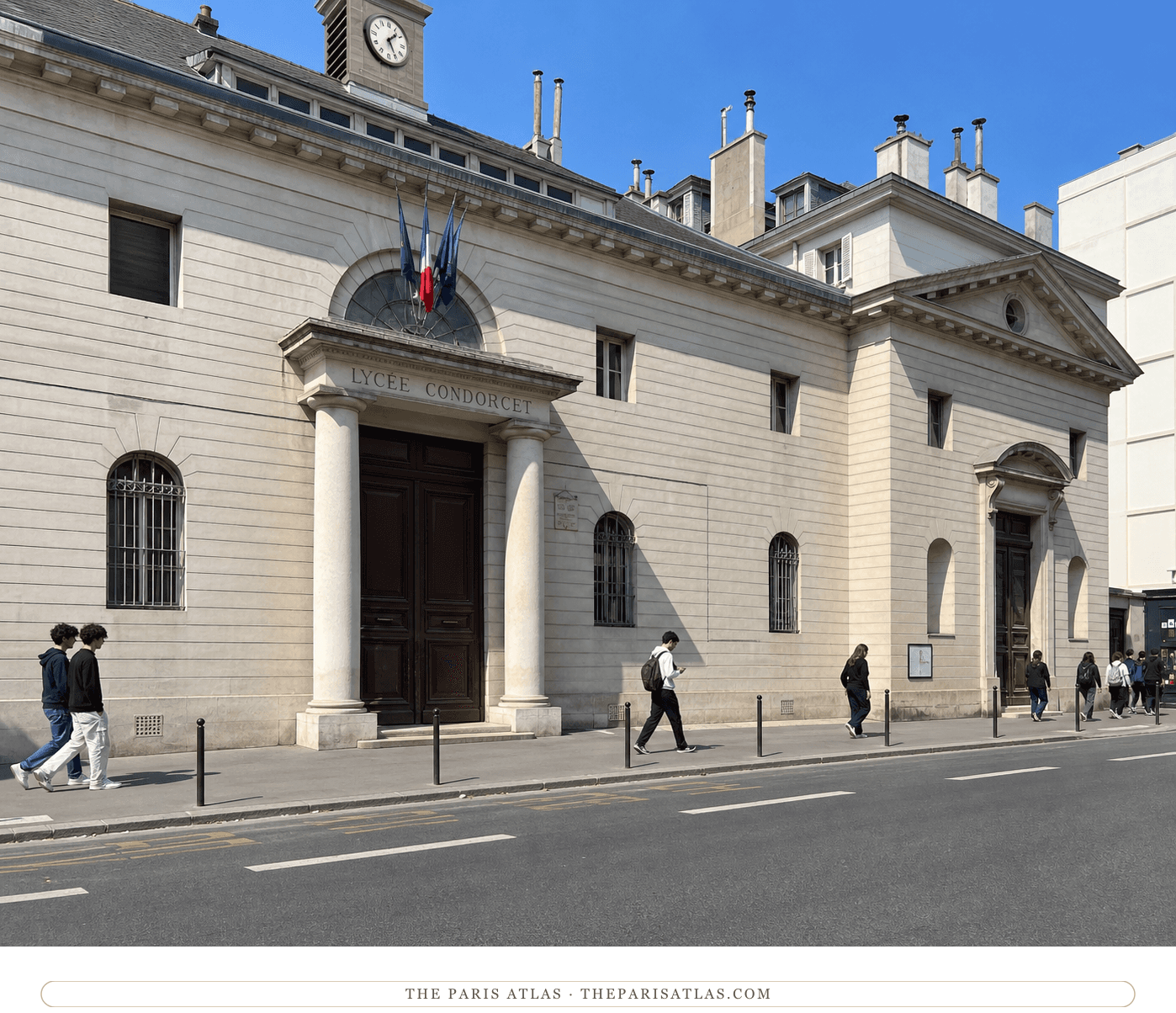 Students walking past the sunlit neoclassical façade of Lycée Condorcet