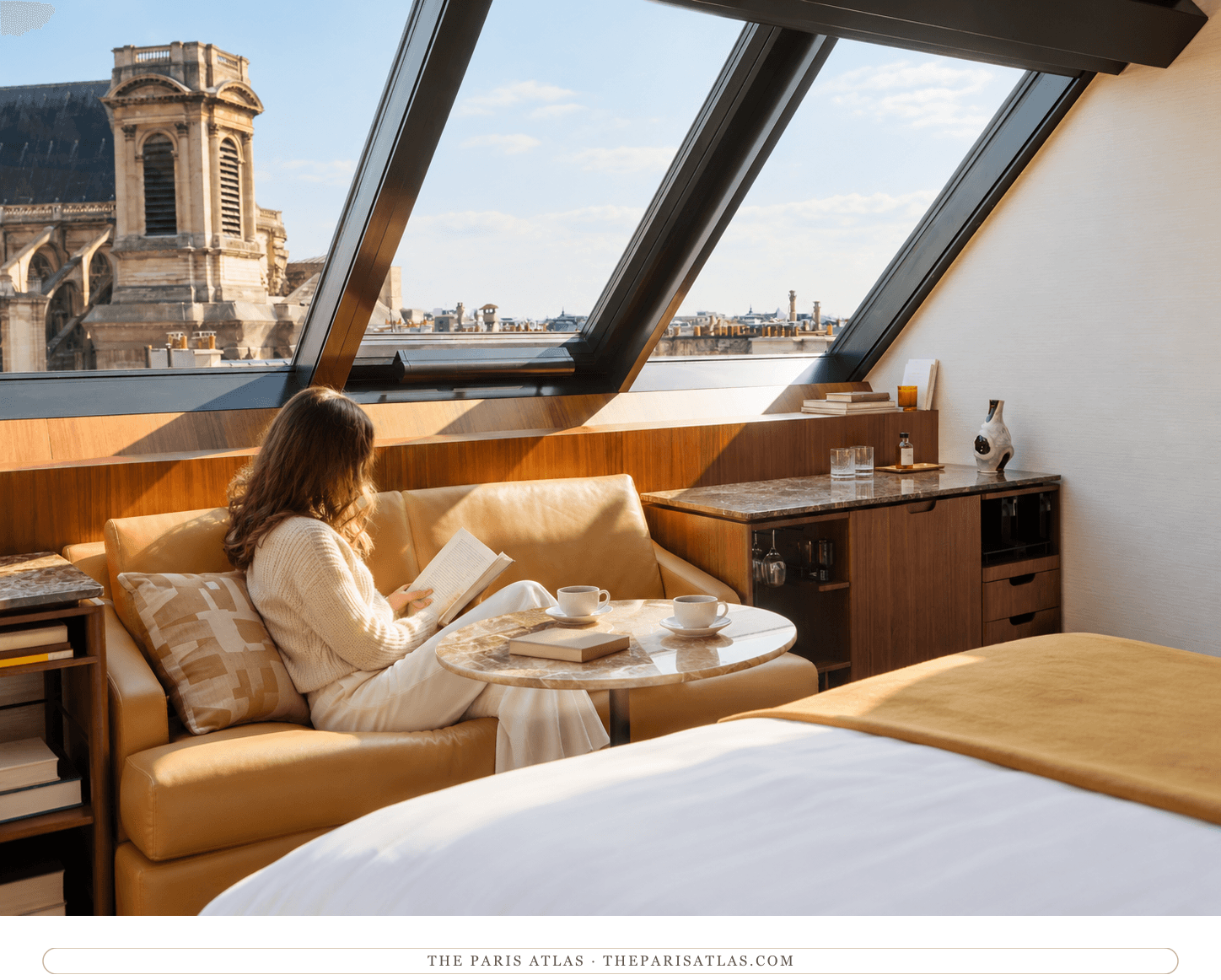 A room at Hôtel Madame Rêve with a view toward Saint-Eustache. — illustration.